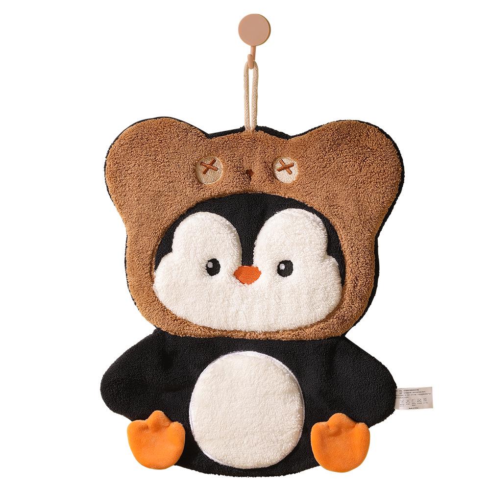 Penguin Coral Fleece Hand Towel - Extra Large & Thick, Hanging, Dual-Use, Water Absorbent, Quick-Drying, Non-Shedding