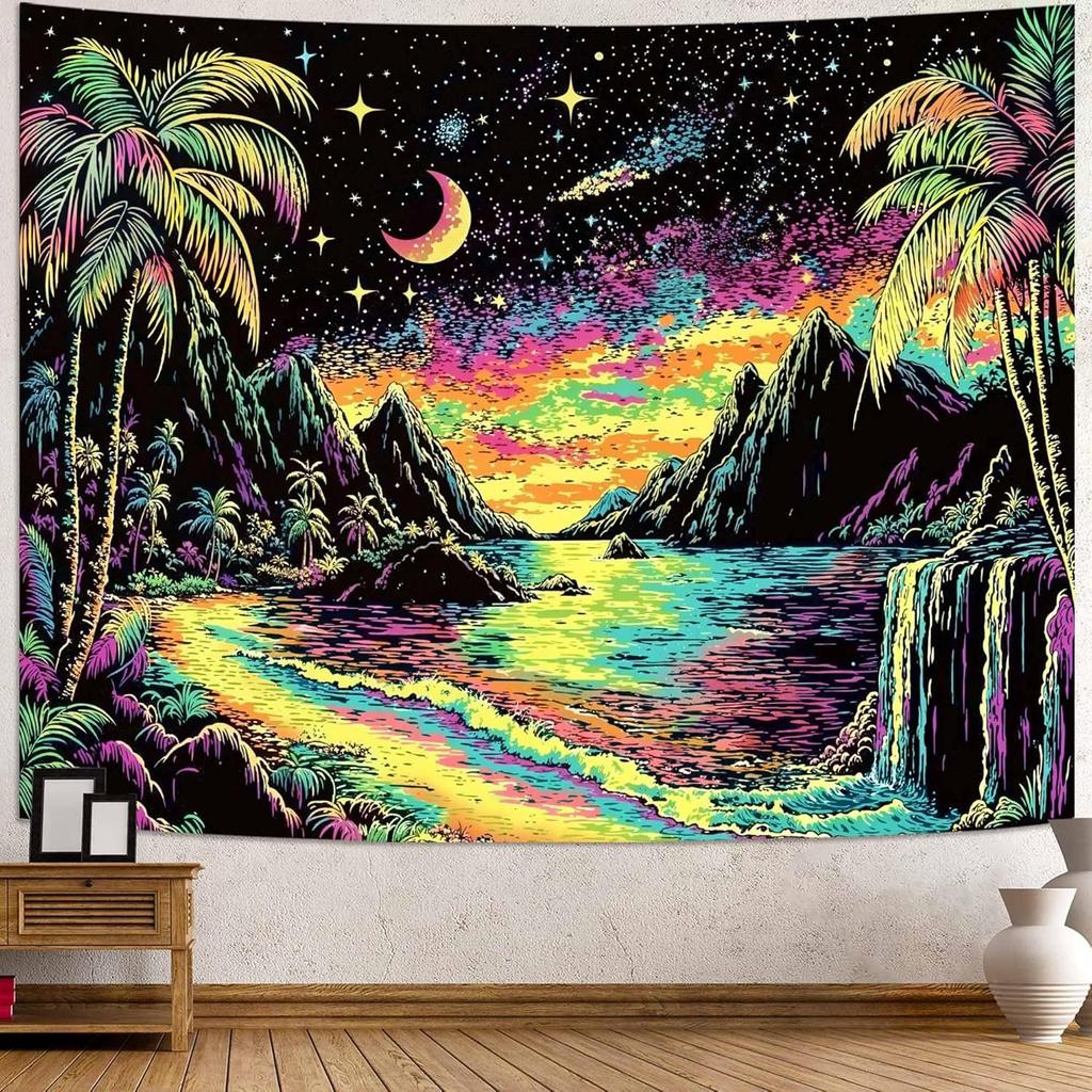 Lifeella Blacklight Landscape Tapestry, Glow in the dark UV Reactive Beach Lake Wall Decor, Aesthetic Palm Tree Art for Bedroom Living Room, 36x48
