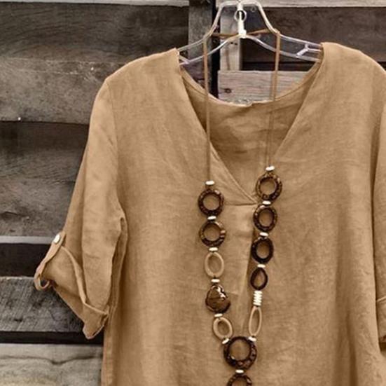 Women Shirt V-Neck Short Sleeve Loose Fit Tee Shirt Pure Color Summer Casual Blouse