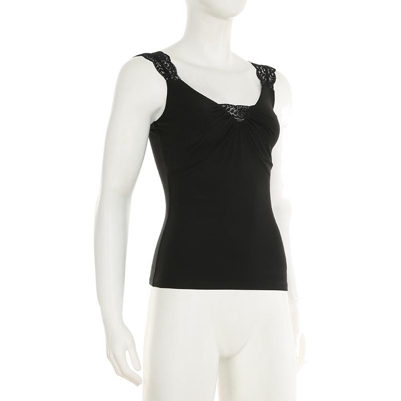 Women's Lace Splicing Pleated Chest Sexy V-neck Waist Slimming Hundred Bottoming Tank Tops