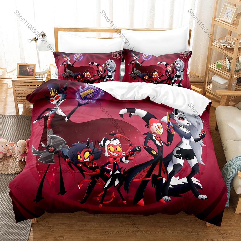 Helluva Bedding Set Duvet Cover + 2 Pillowcases Adult Dark Cartoon Imp Demon Blitzø Stolas Red Hell Neon Gothic Bedroom Decor