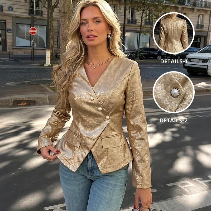 Tiktok Temperament Retro Style Gold V-Neck Slim Long-Sleeved Blazer