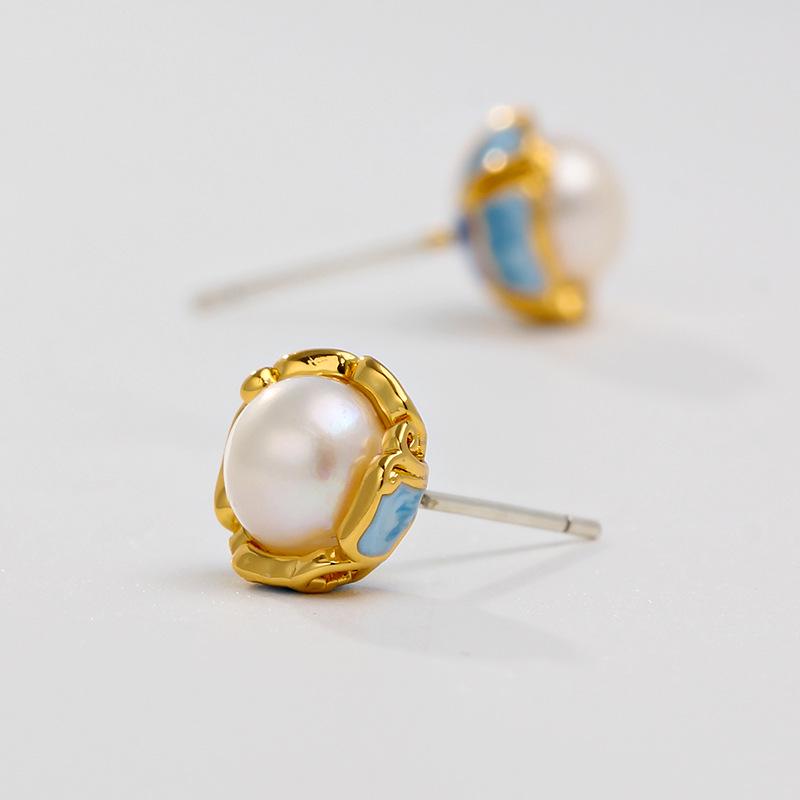 New Chinese Freshwater Pearl & Enamel Flower Stud Earrings - Elegant National Style for Women