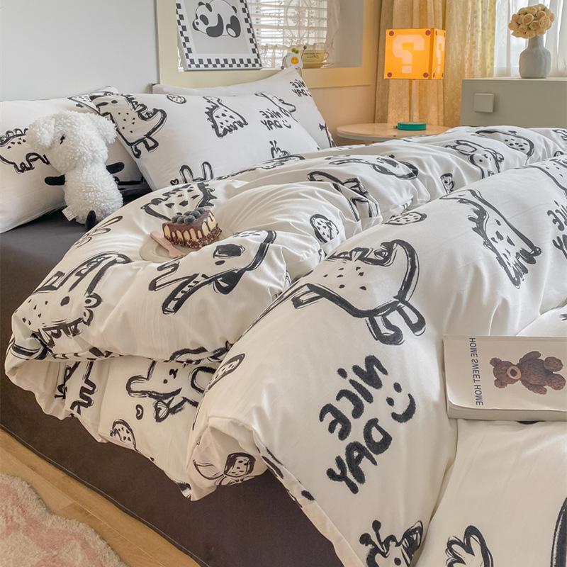 Small Fresh Mattress Quilt Cover Class A Maternal And Infant Grade Cartoon Dormitory Bed Sheet Three-Piece Set Super Soft Washed Cotton 4Pcs Set