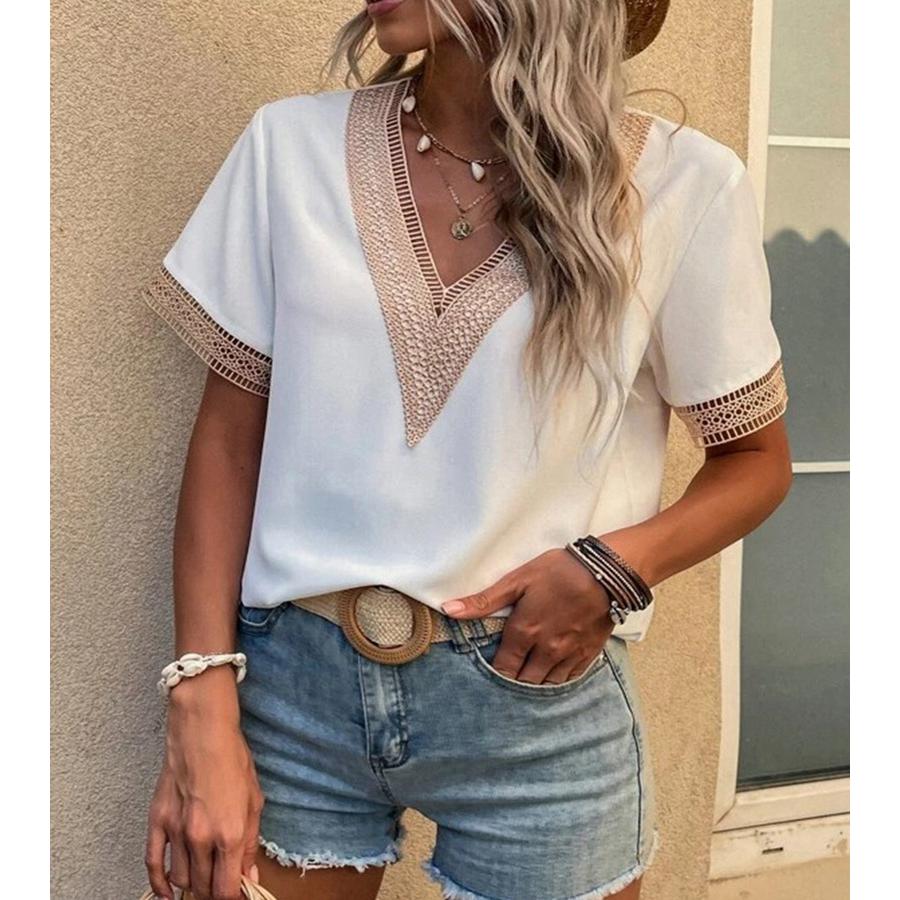 Magliette estive da donna Abiti di moda Camicie casual in chiffon con scollo a V Camicie a maniche corte Camicie in pizzo allentato di colore venduto da donna