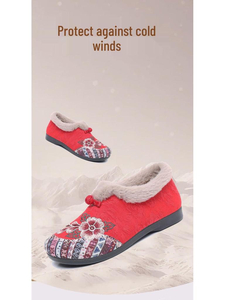 Warm Ethnic Style Embroidered Cotton Shoes – Soft-Soled Fur-Lined Comfort for Middle-Aged & Elderly