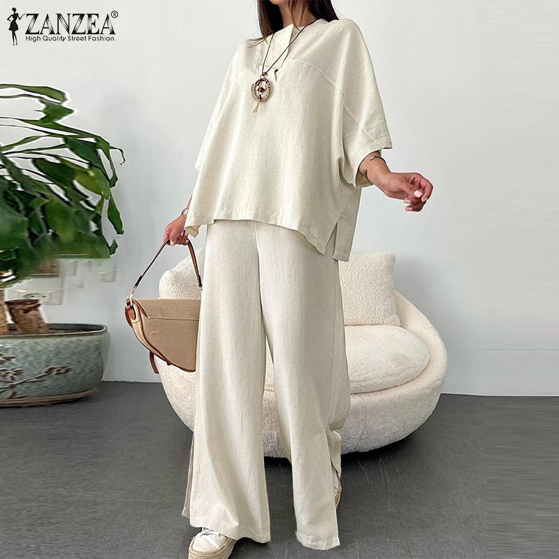 

ZANZEA, весенние комплекты из 2 предметов, женские топы с рукавами 3/4 и длинные широкие брюки, свободные костюмы с эластичной резинкой на талии