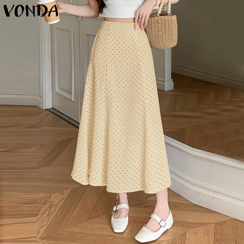 VONDA Women High Zip-up Waist Polka Dots A-Line Long Skirts
