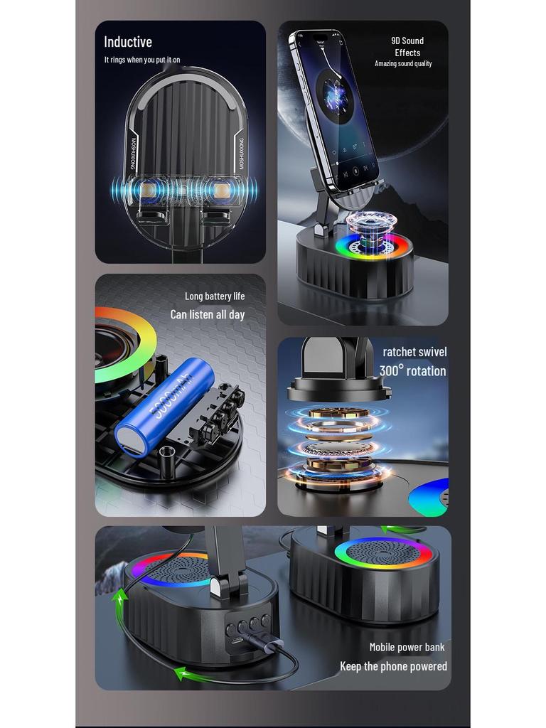 Smart Induction Stand: 5-in-1 Wireless Bluetooth Speaker & Vertical Tablet Charging Dock