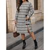 Plus Size Womens Black White Plaid Midi Dress With Side Bow Round Neck Long Sleeve Straight Fit