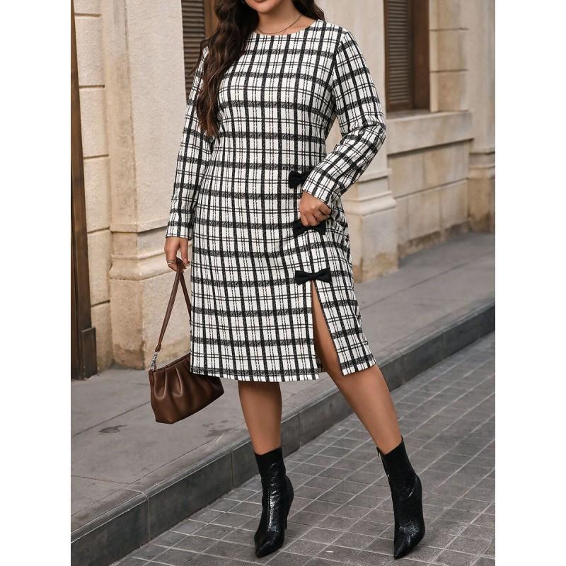 Plus Size Womens Black White Plaid Midi Dress With Side Bow Round Neck Long Sleeve Straight Fit