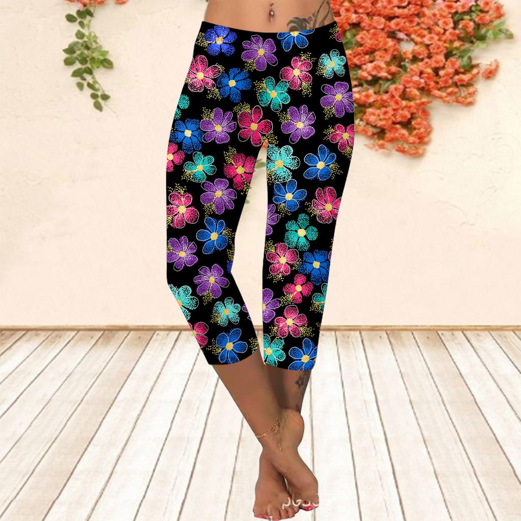 Pants Summer Short Leggings Cropped Skinny Trousers Plus Size Leggins Ladies Slim 3D Colorful Leaves Print Pants