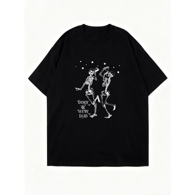 Abito Maglietta Oversize Nero Danza Scheletrica Grafica e Testo Dance Til Were Dead Streetwear Casual Moda Per Donna