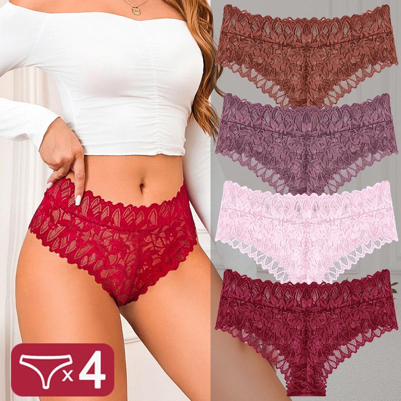 4PCS Women Floral Lace Panties Sexy Perspective G-String High Waist Solid Color Underpants Female Breathable Intimates Lingerie
