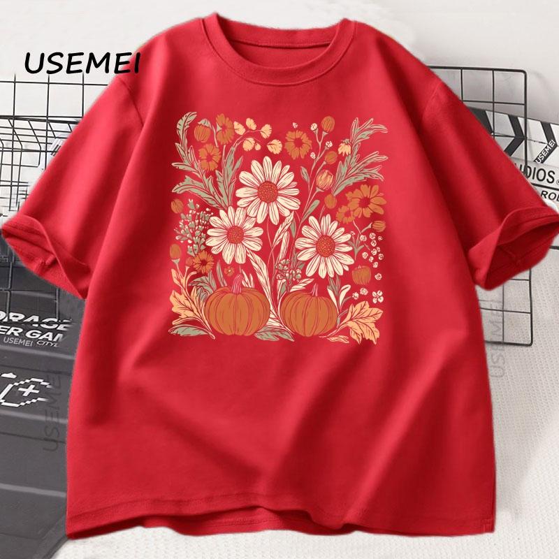 Boho Fall Floral T Shirt Retro Fall Tshirt Autumn Vibes Pumpkin Season Graphic Tee Women Vintage Halloween Women Clothing Tees S