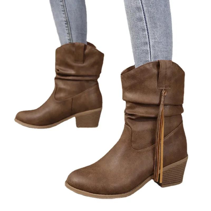 Damen Vintage Braun Western Cowboystiefel Herbst Winter Quaste PU Leder Ankle Booties Damen Plissee Hochhackige Mid-Calf Boot