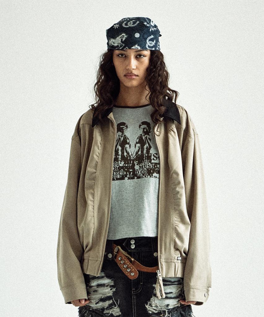 Thevinylhouse Mixed Collar Blouson Jacket Beige