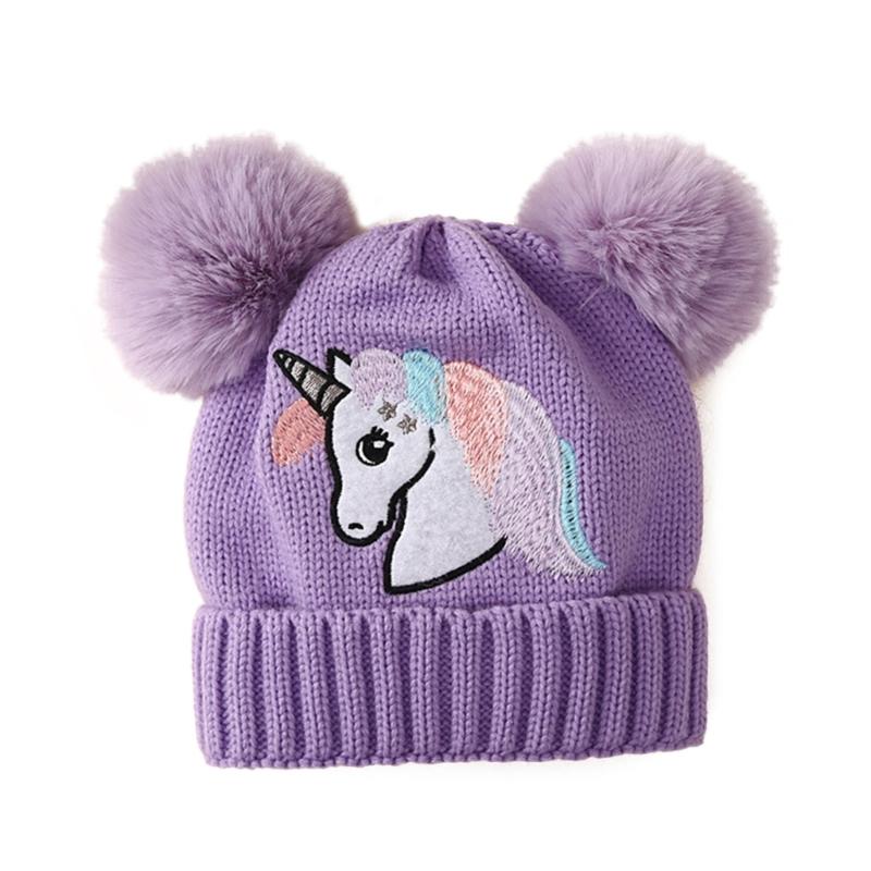 

Шапка для девочки вязаная детская зимняя шапка милые детские шапочки для девочек толстая теплая для малышей шапка с двойными помпонами для 1-4 лет фиолетовый