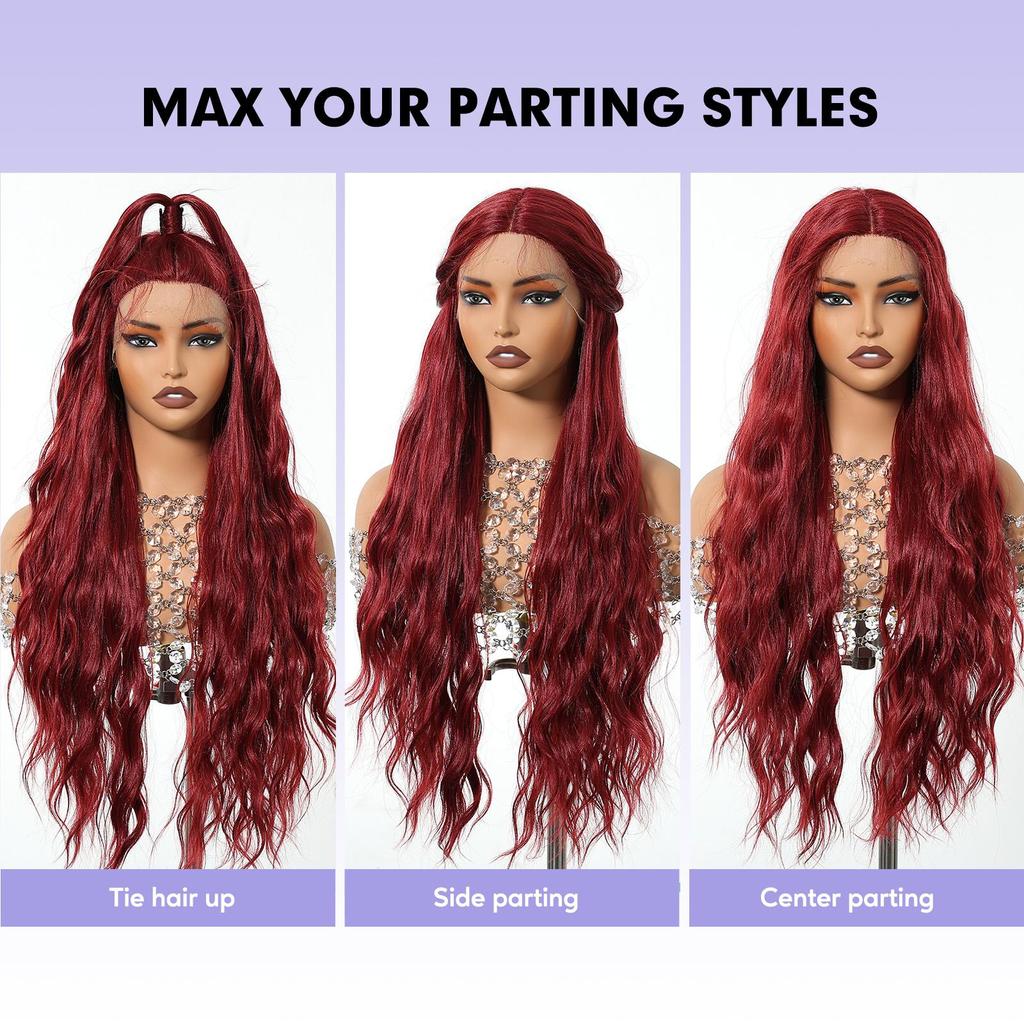ALAN EATON Long Red Lace Front Wig Synthetic Wavy Curly Wigs for Black White Women Natural High Density Heat Resistant