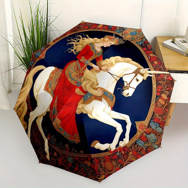 

Unicorn Lady in Red Dress Theme 8 Bone Hand Automatic Folding Umbrella, Compact and Portable Design, A Perfect Gift for Birthday, Christ