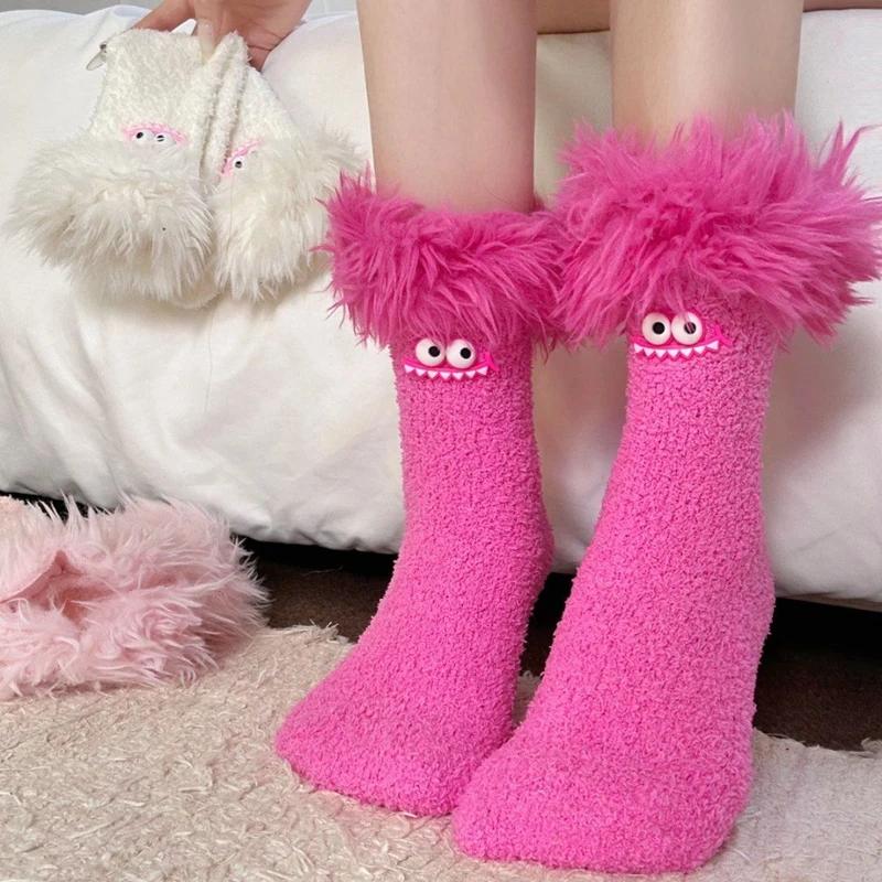 Women Girls Winter Thick Coral Fleece Cartoon Big Mouth Monster Plush Sleep Socks Warm Soft Home Socks