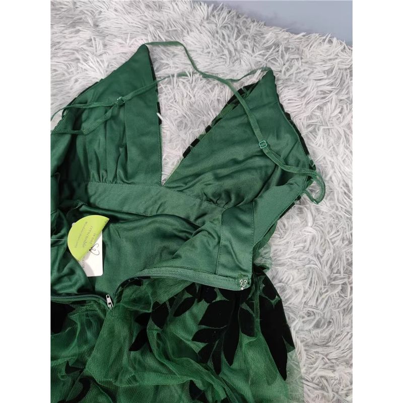 Export Single 2024 Autumn New Arrival Classy Mesh Flocking Deep V Socialite Host Banquet Party Dress Dress