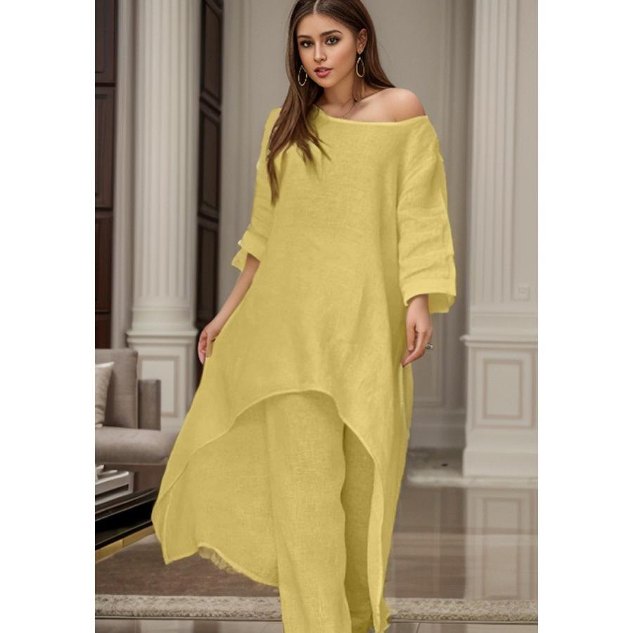 New Women's Cotton Linen Fashion Casual Plus Size Irregular Long Sleeve Set Wide Leg Pants Two Piece Outfit