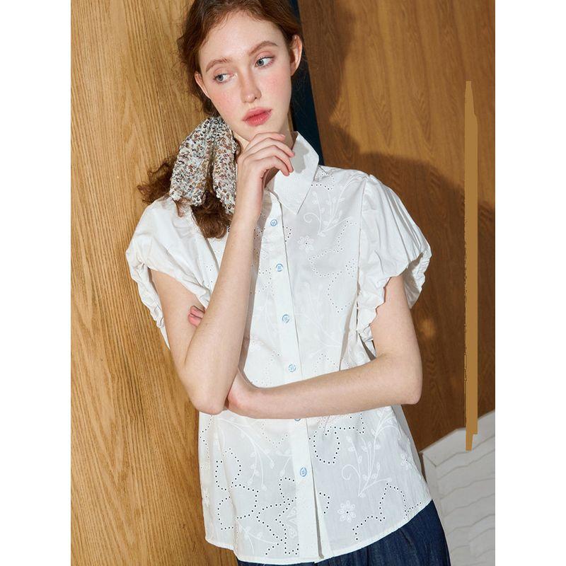 Coolhut French Style Cut Out Puff Sleeve White Shirt Short Sleeve Design 2025 Summer Women's Shirt Retro Pure Cotton