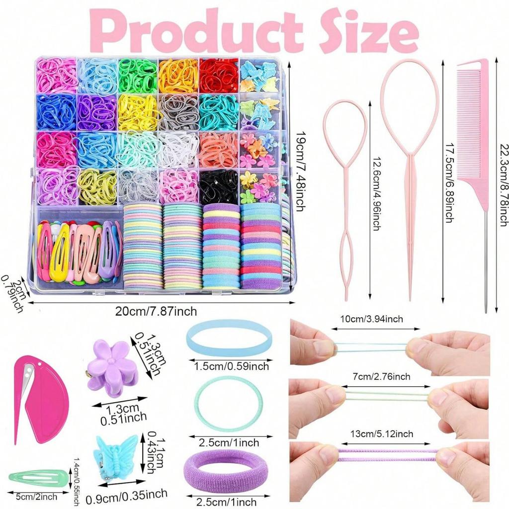 Vlasové doplňky pro dívku, 1543 ks Sada elastických gumiček do vlasů 20 barev Elastické gumičky do vlasů s úložným boxem Bavlněné dětské hai