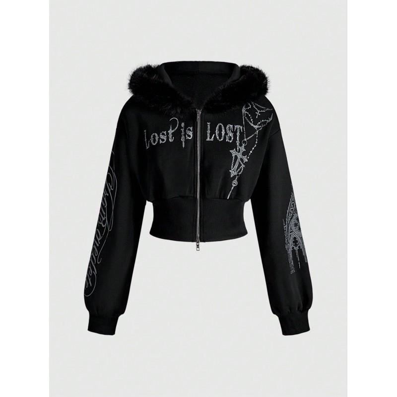 Womens Streetwear Hooded Zip-Up Sweatshirt With