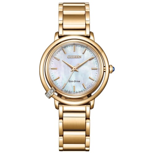 

Citizen Women s Watch, EM1093-61D, ARCLY Collection, White Mother-of-Pearl with Diamonds, Light-Powered Eco-Drive, Waterproof, with Interchangeable St