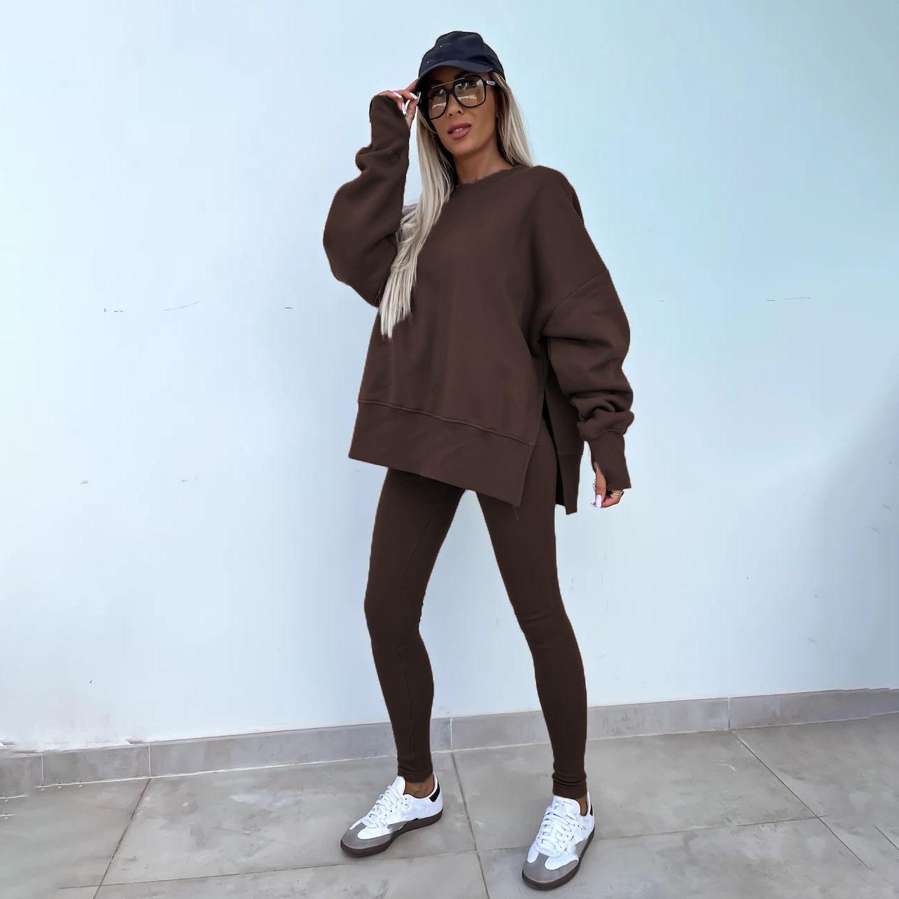 

Женский однотонный костюм с длинным рукавом и круглым вырезом, свободный топ, широкие брюки, осень-зима S кофейный