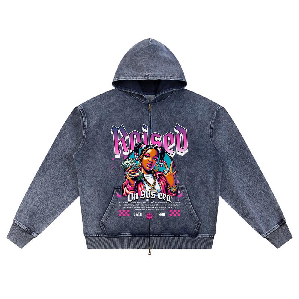 

DTG print Knitted Denim Zip-Up Hoodie Raised On 90s Era Brother Print Zipper Hoodies XL