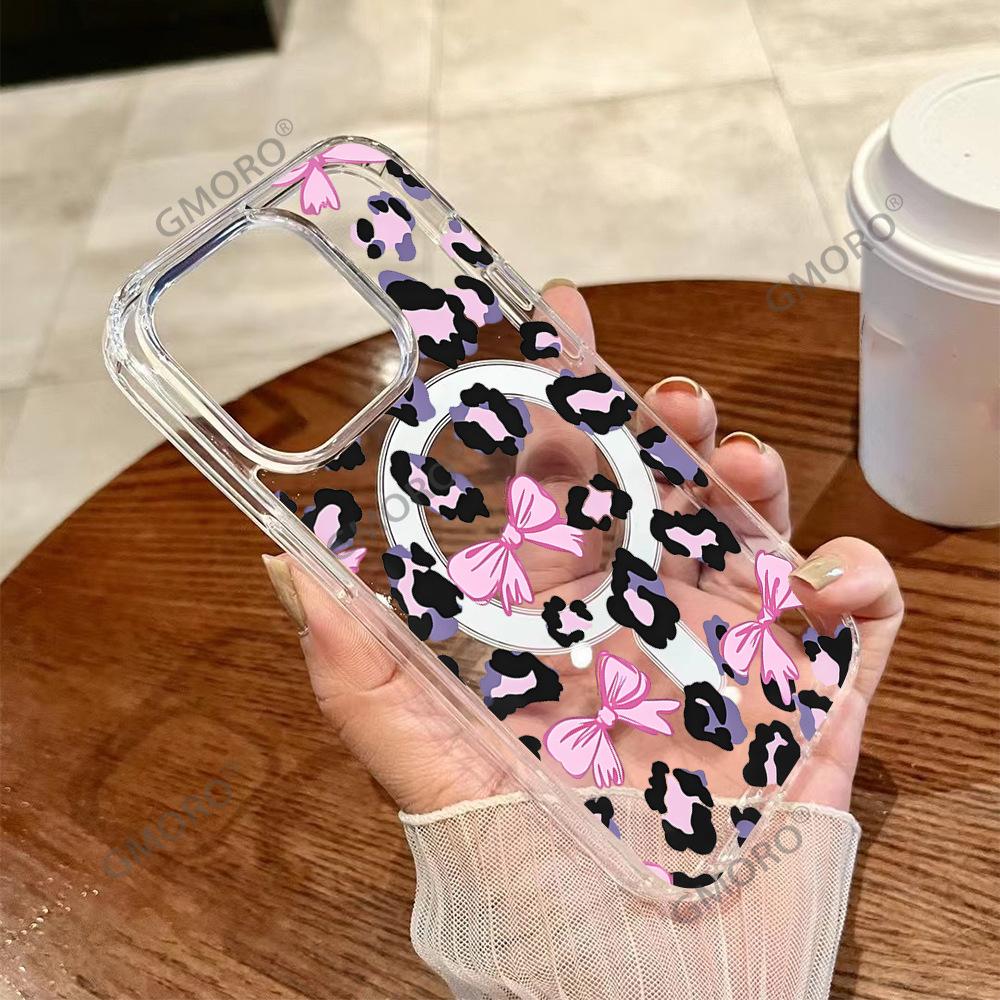 Pink Bow Leopard Print iPhone Mobile Phone Case Apple 17promax Magnetic Transparent Case 16 Anti-drop European and American Hot Sales