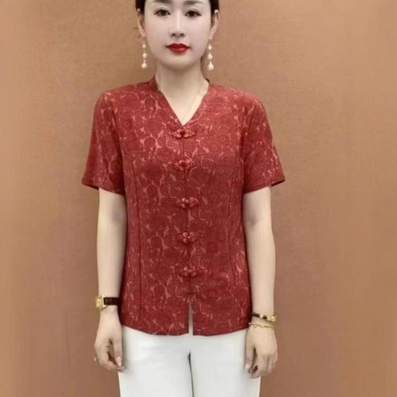 Women Rose Jacquard V Neck Frog Button Short Sleeve Qipao Style Blouse