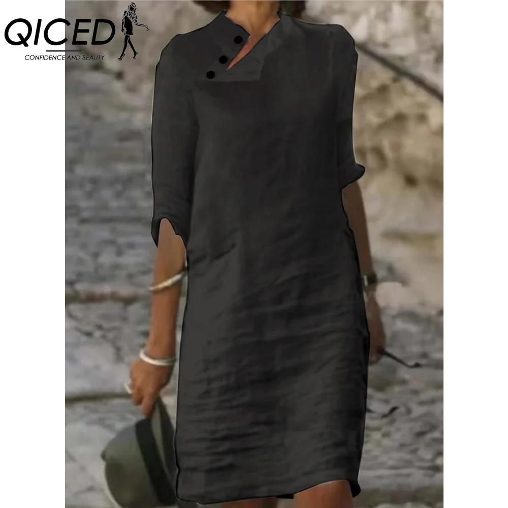 QICED Women's Fashion Summer Spring Solid Color Print Short Sleeve V-Neck High Waist Casual Dresses