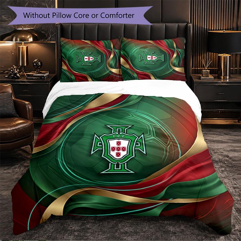Portugal Football Pattern 3 Pieces Bedding Set Soft Microfiber Duvet Cover with Pillow Cases for Bedroom