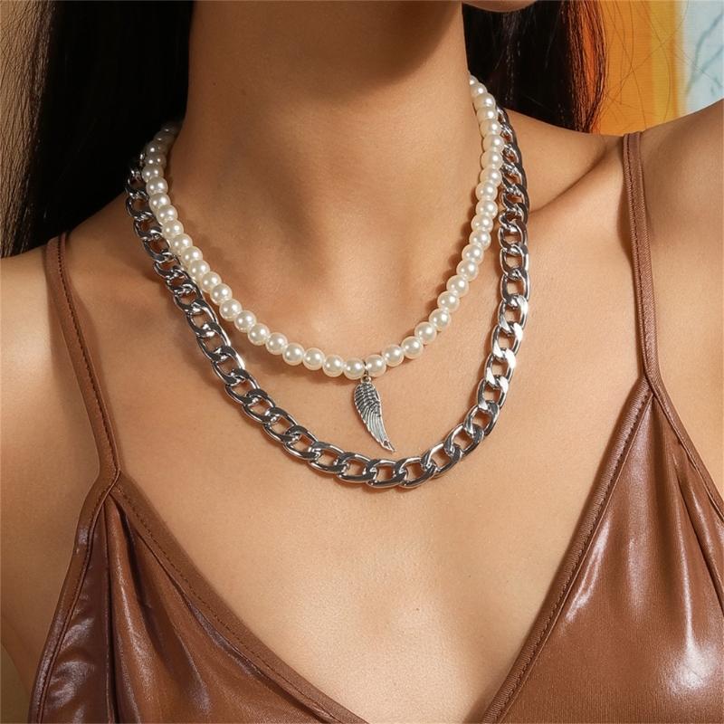 Double Feathers Retro Styles Feathers Necklace Adjustable Chain and Pearls Detail Casual to Formal Wear