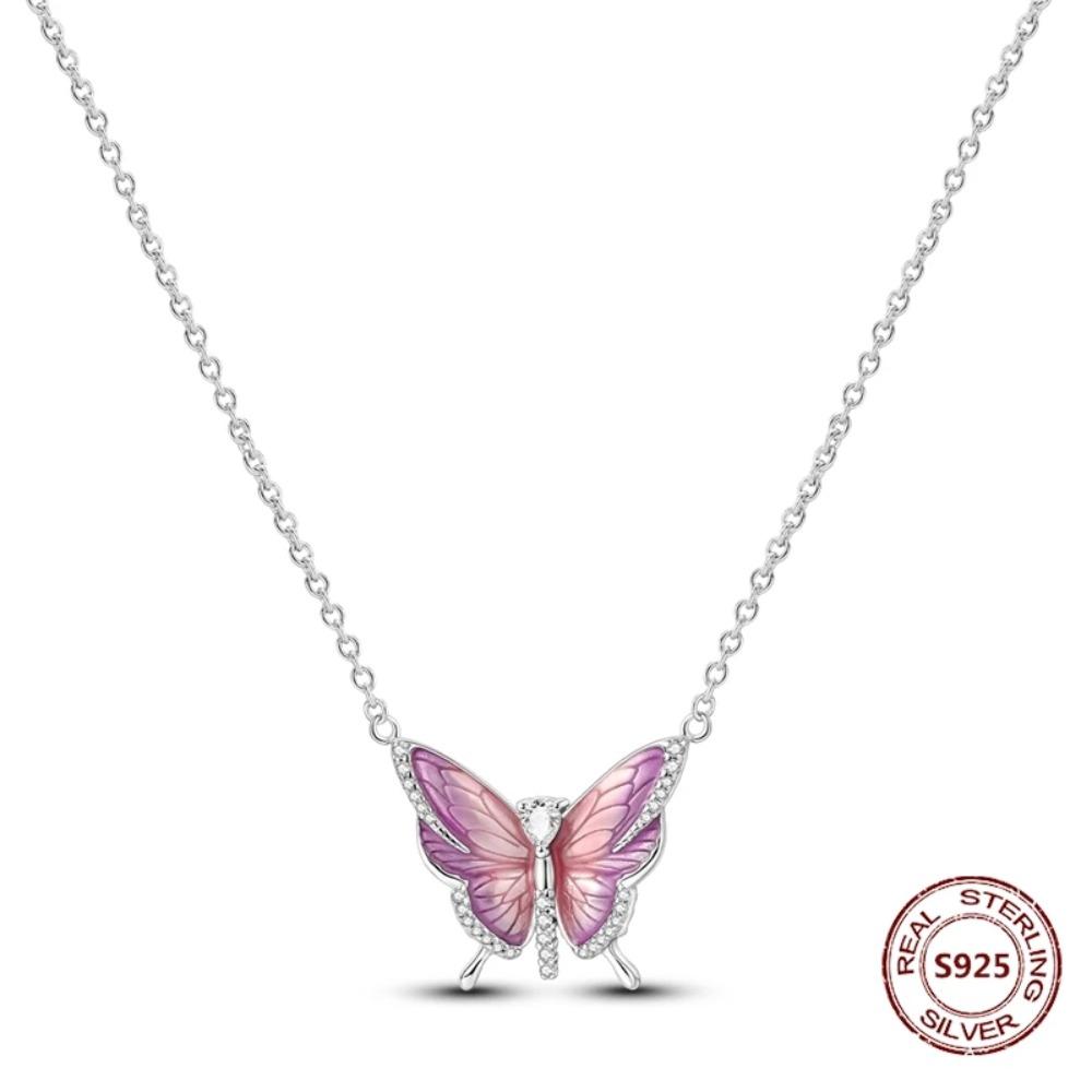 925 Silver Lucky Unicorn Necklace with Butterfly Firefly Bear Paw Print Zircon Chain Link Heart Jewelry for Women