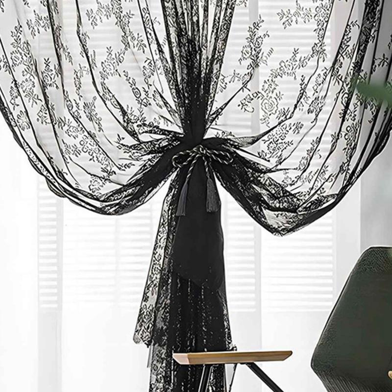 2 buc Dantelă Plasă Translucid Negru Perdele Tija Prin Ecran Fereastră
