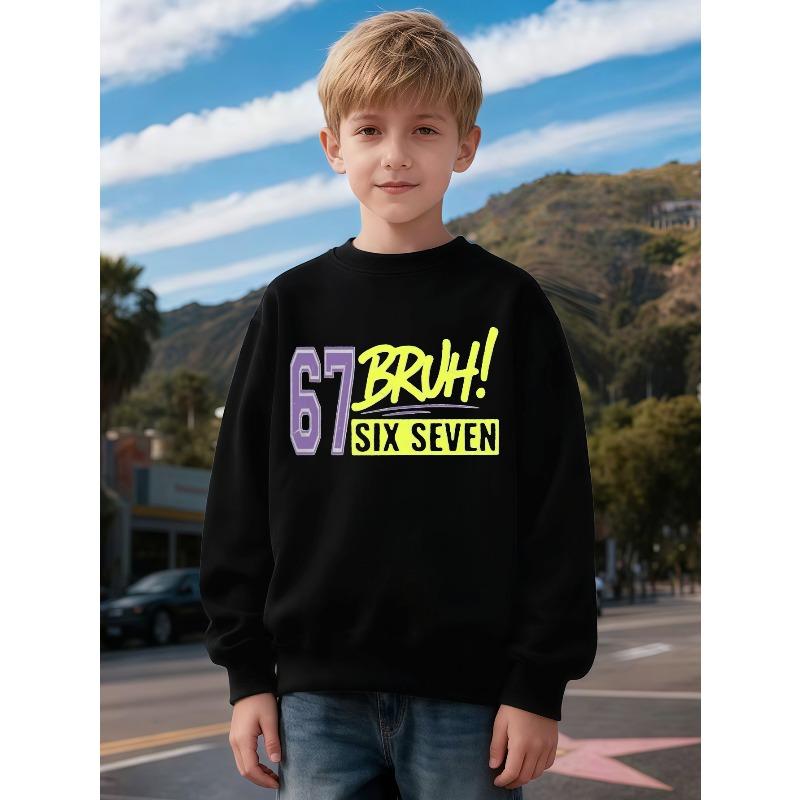 Kids Unisex Crewneck Sweatshirt, Retro 67 BRUH SIX SEVEN Letter Print Long Sleeve Pullover, Boys Girls Casual Sweatshirt For Kids Over 4 Years Old