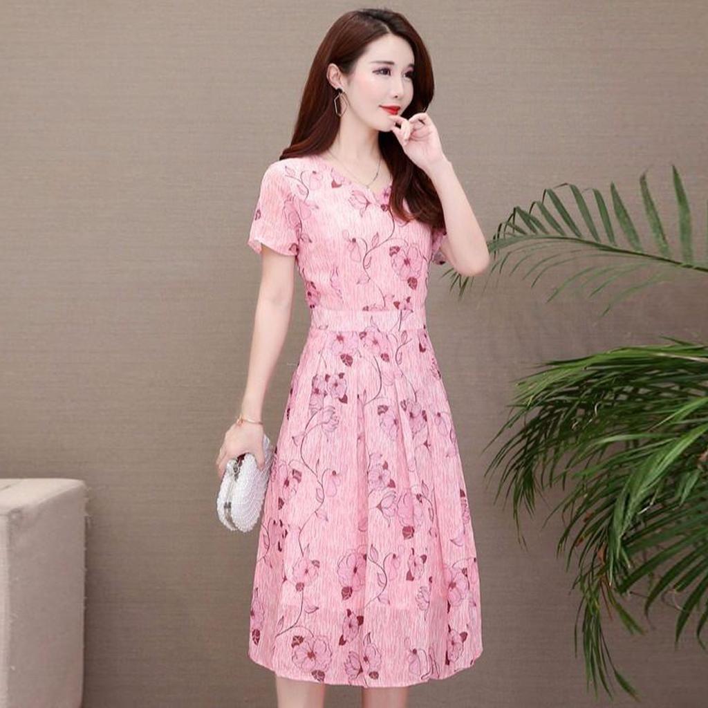 Fashion Casual Women O-Neck Short Sleeve Ladies Loose  Print Knee Length Dress