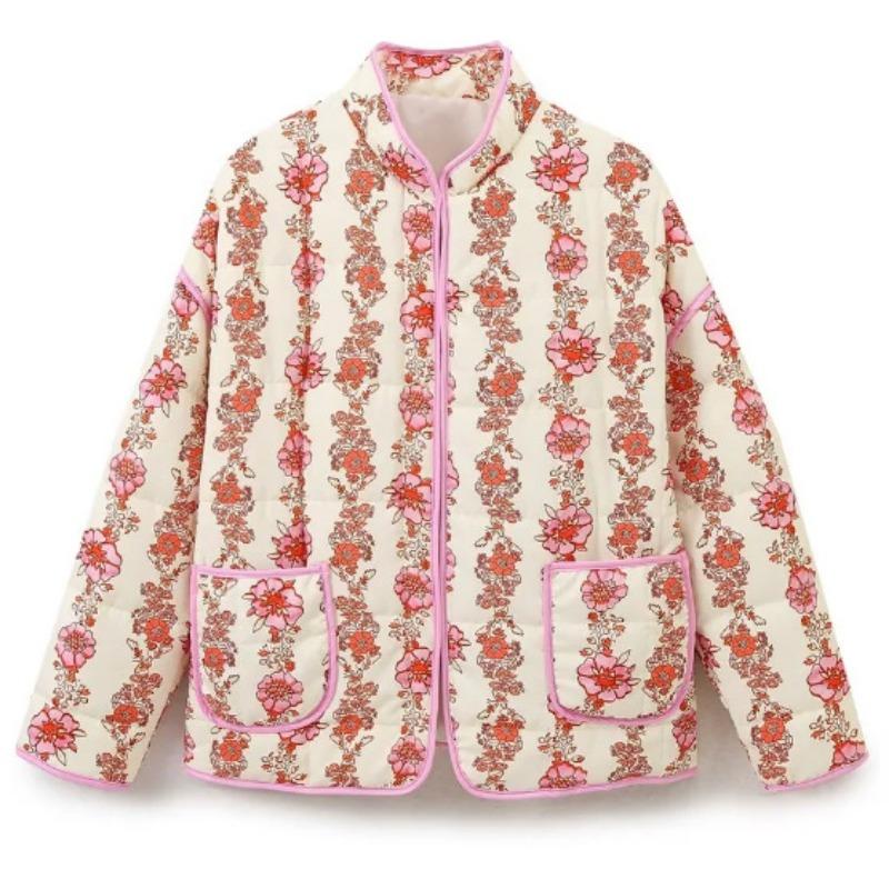 

Осенне-зимняя женская куртка больших размеров с цветочным принтом, свободная стеганая, утолщенная, теплая, из хлопка M розовый