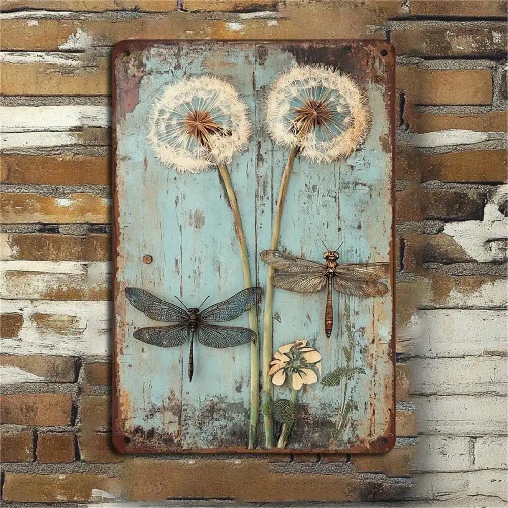 Rustic Dandelion Wall Art Farmhouse Decor 3D Insect Dragonfly Sign for Kitchen Cafe