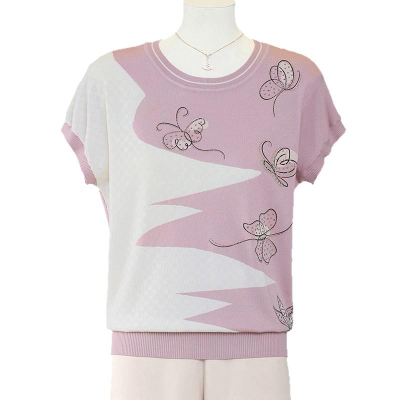 Women's Summer Ice Silk Short-Sleeve Knit Top - Loose Fit, Round Neck for Middle-Aged and Older