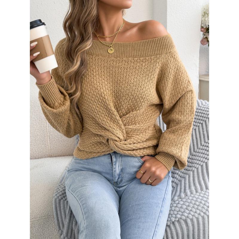 European American Casual Solid Color Off Shoulder Knot Long Sleeve Women Sweater