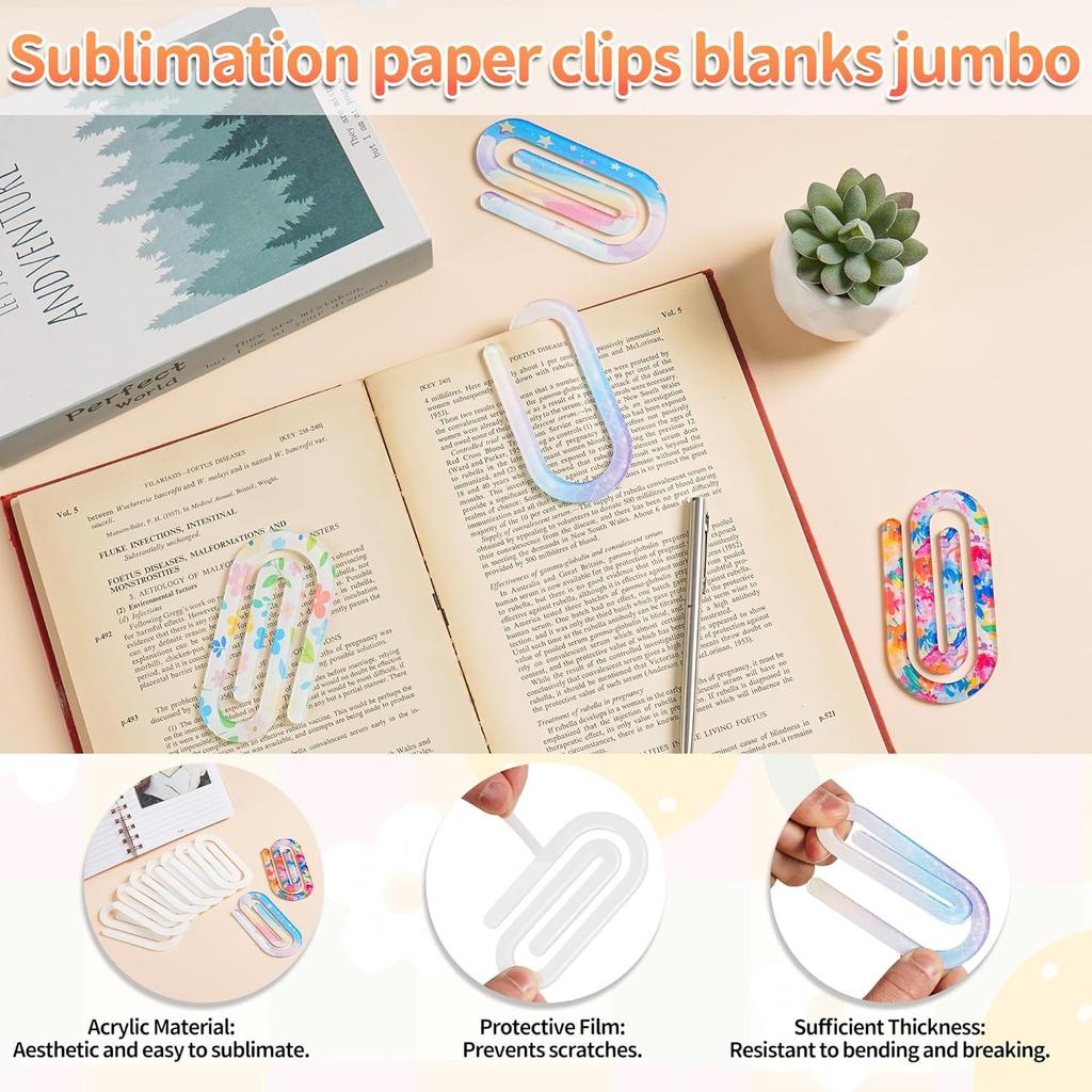 12 Pcs Sublimation Paper Clips Blanks Jumbo, 4x2 Inch Jumbo Paper Clips Clear for Heat Transfer DIY Design, Acrylic Sublimation Blanks for Crafts,