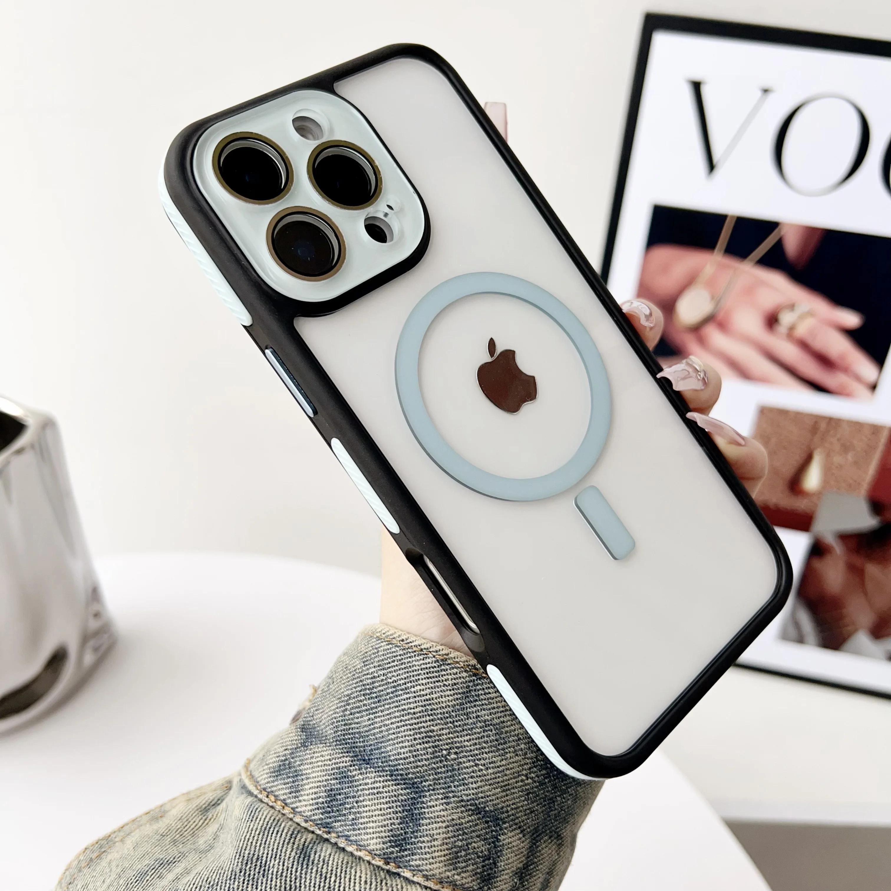 

Роскошный гибридный бронированный чехол Magsafe Wireless Charge для iPhone 16 Plus 15 14 13 12 16 Pro Max Защитное стекло для объектива Противоударное покрытие For iPhone 16 синий