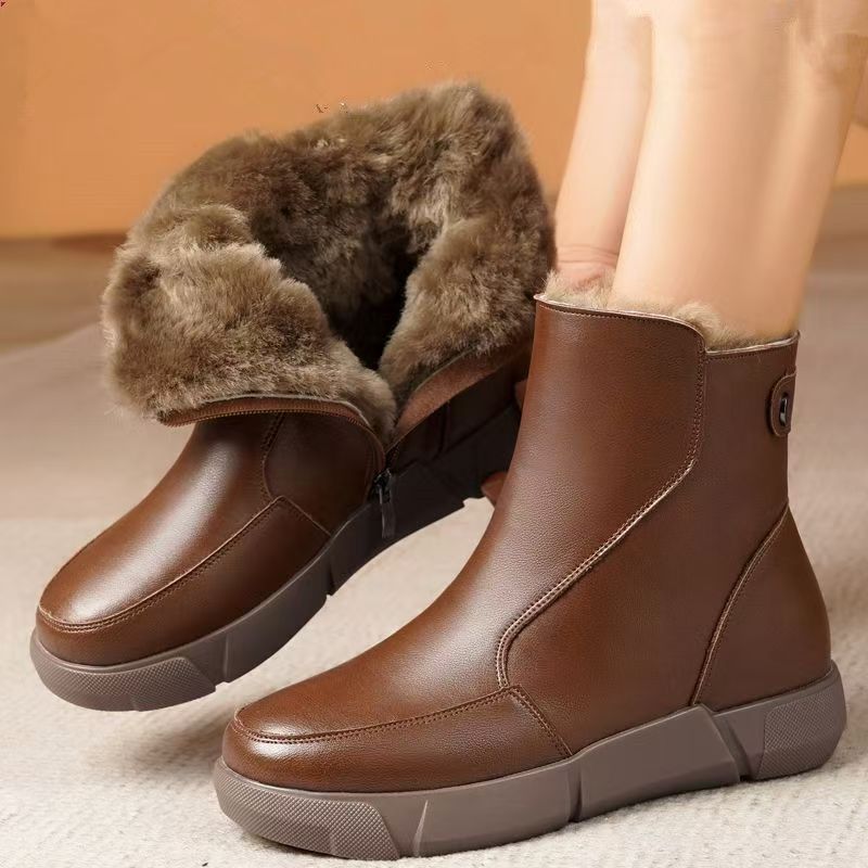 Women's Winter Leather Big Size Flat sole Snow Boot Thick Sole Non Slip Round Toe High Top Waterproof Plush Warm Cotton Boots