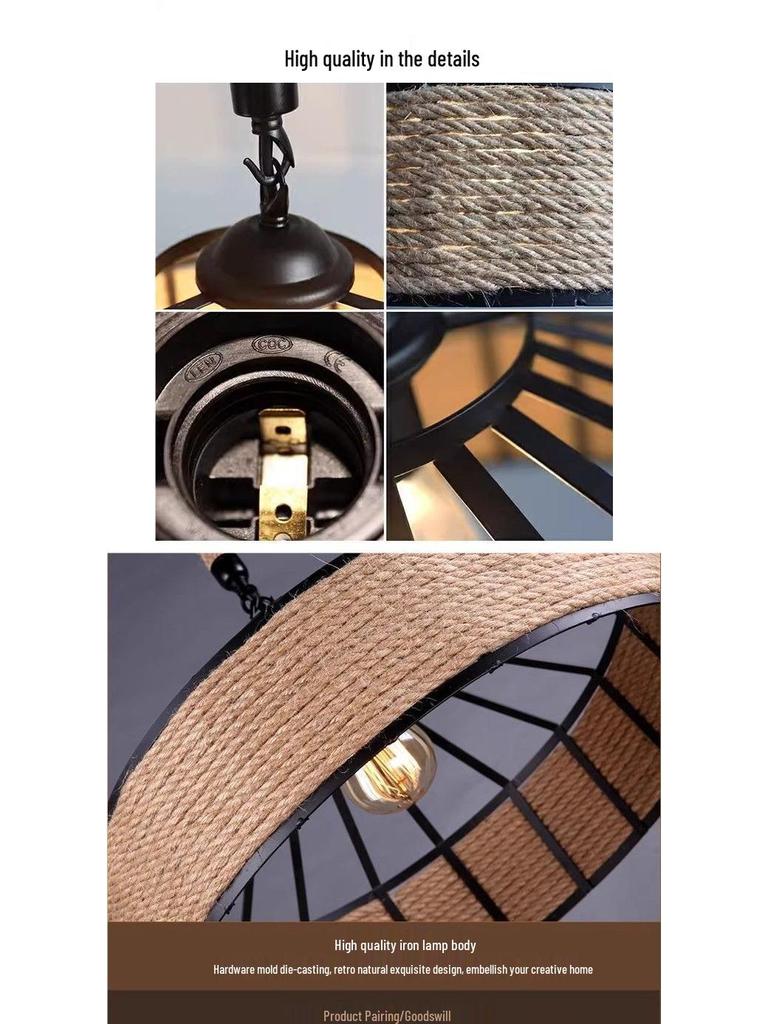 Retro Wrought Iron Pendant Light – Hemp Rope Design for Clothing Stores, Cafes, Restaurants, and Bars